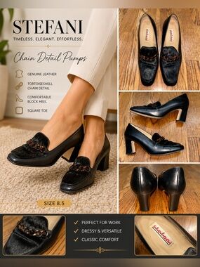 Stefani Black Leather Haircalf Chain Loafers Heels Pumps Size 8.5 Vintage